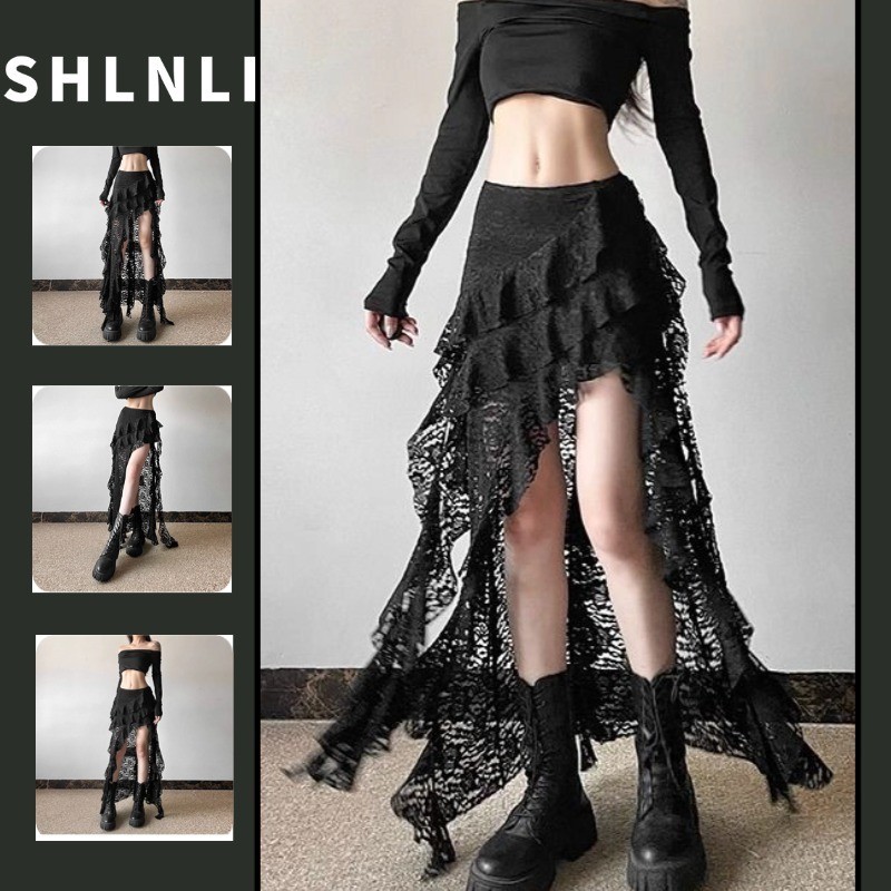 Verão Feminino Estilo Punk Gótico Renda Irregular Saia Doce Cintura Alta Babados Fenda Midi em Oferta na Shopee