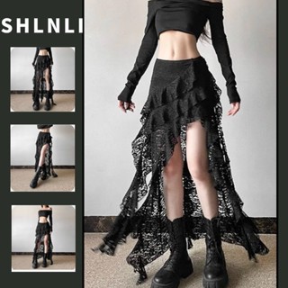 Verão Feminino Estilo Punk Gótico Renda Irregular Saia Doce Cintura Alta Babados Fenda Midi em Oferta na Shopee