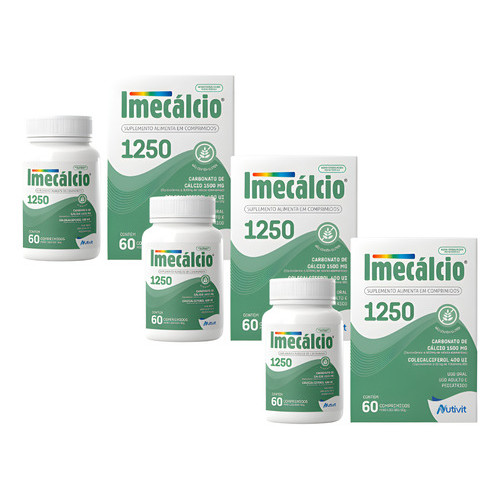 Kit 3x Imecalcio Carbonato De Cálcio Elementar 1250mg 60cpr