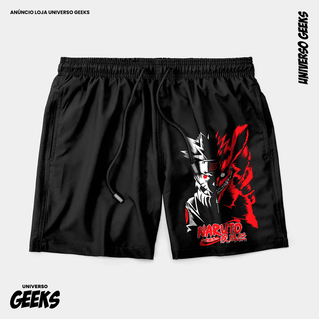 Bermuda Tactel Naruto E Kurama Jinchuuriki Raposa Short Confortável Com Elastano Ideal Lazer Treino Esportes Praia