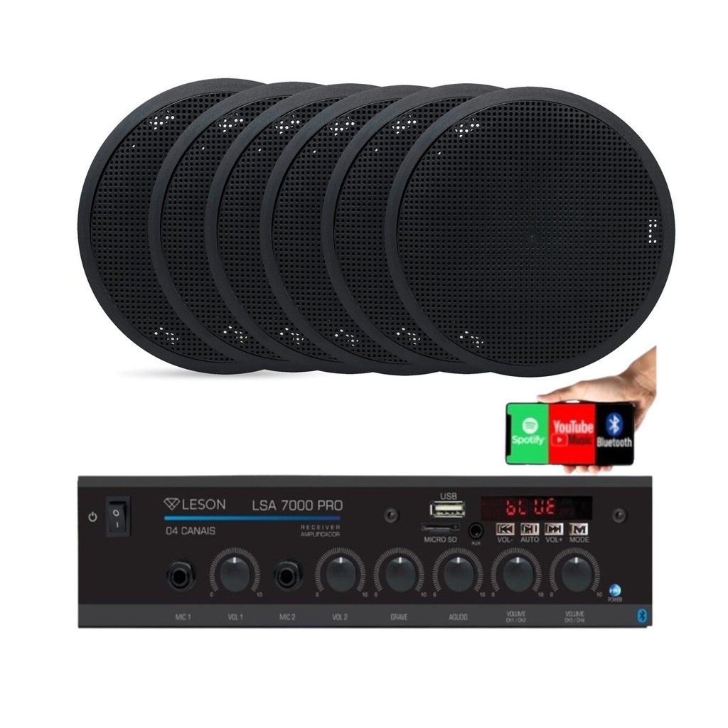 Kit Som Ambiente 4 Canal 500watts + 06 Caixas Para embutir Teto/gesso Preto Leson