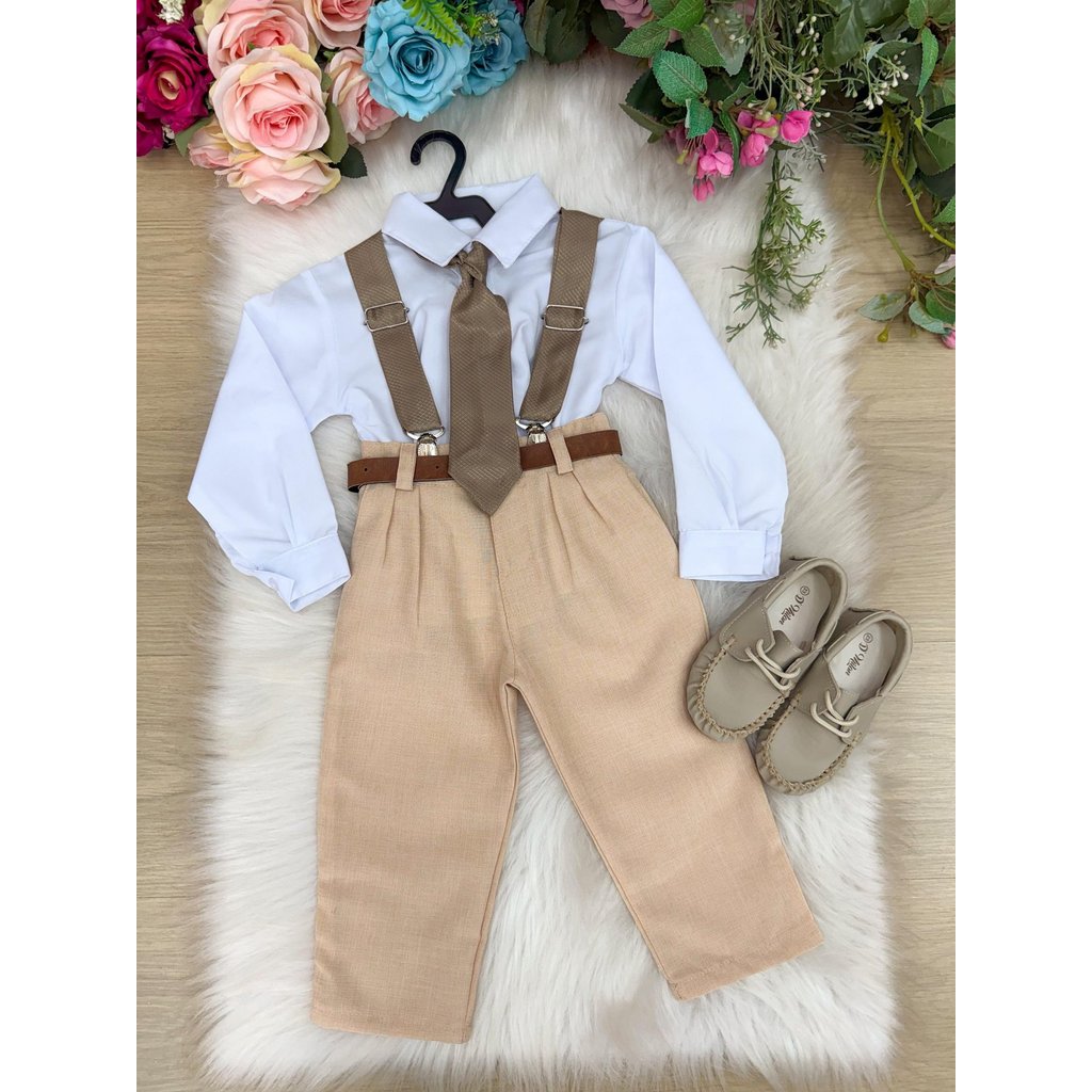 Conjunto Suspensório Infantil Rafael Caramelo Bege Batizado Camisa Social Manga Longa Calça Gravata