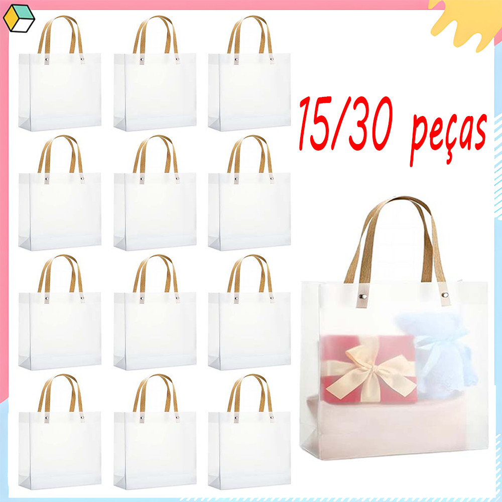15/30 sacos de presente de plástico transparente com alças, sacos de presente foscos 20x20x8 cm, sacos de lembrancinha em Oferta na Shopee