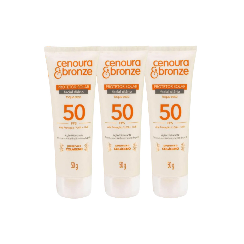 Kit Protetor Solar Facial Cenoura & Bronze FPS 50 - 3 Un em Oferta na Shopee