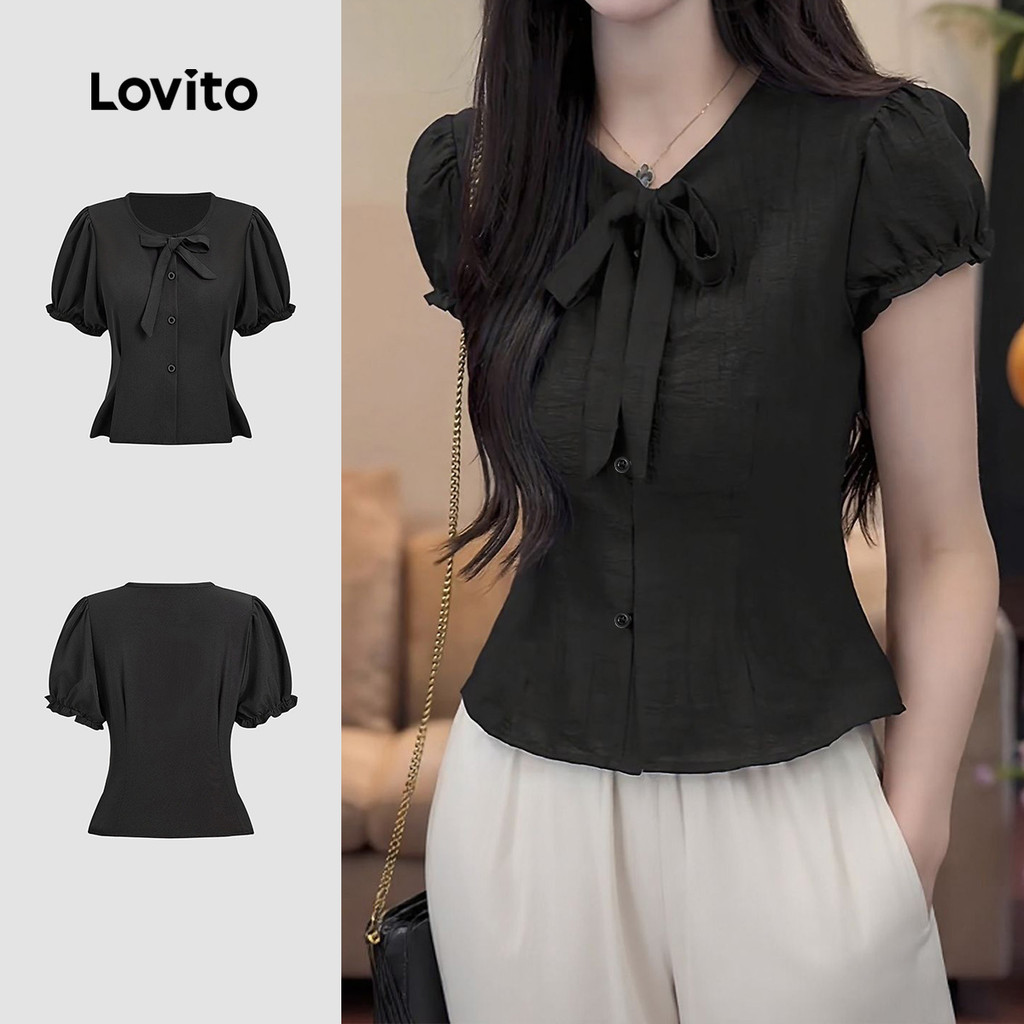 Lovito Blusa Casual de Renda para Feminina de Primavera/verão Preta L154ED391 em Oferta na Shopee