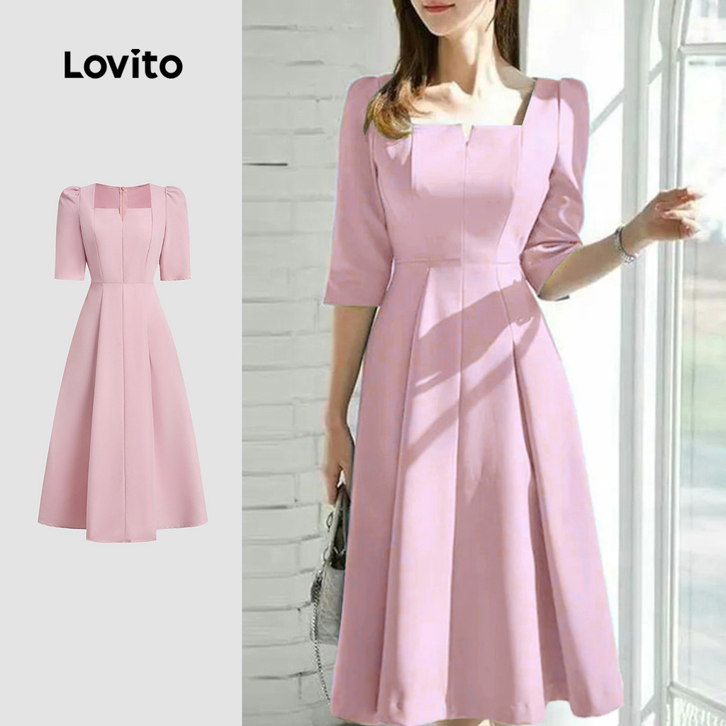 Lovito Vestido Elegante para O Deslocamento Vestido Simples de Primavera/verão Azul para mulheres L158ED1491 em Oferta na Shopee