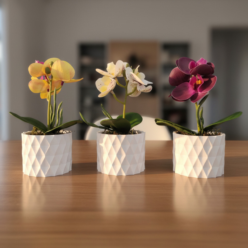 Kit 3 Vasos Prismar com arranjo mini Orquídea Artificial