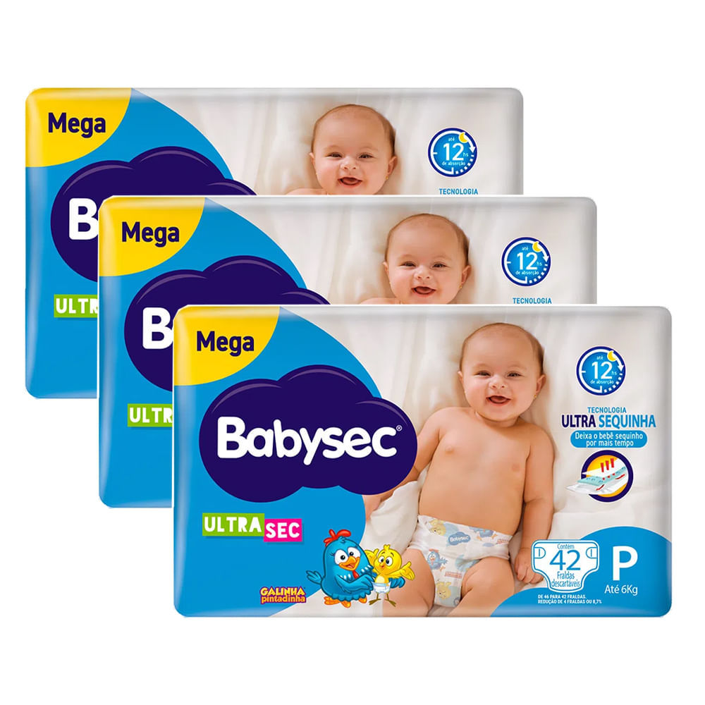 Kit Fralda Descartável Babysec Galinha Pintadinha Ultra Mega P 42 Unidades - 3 Unidades