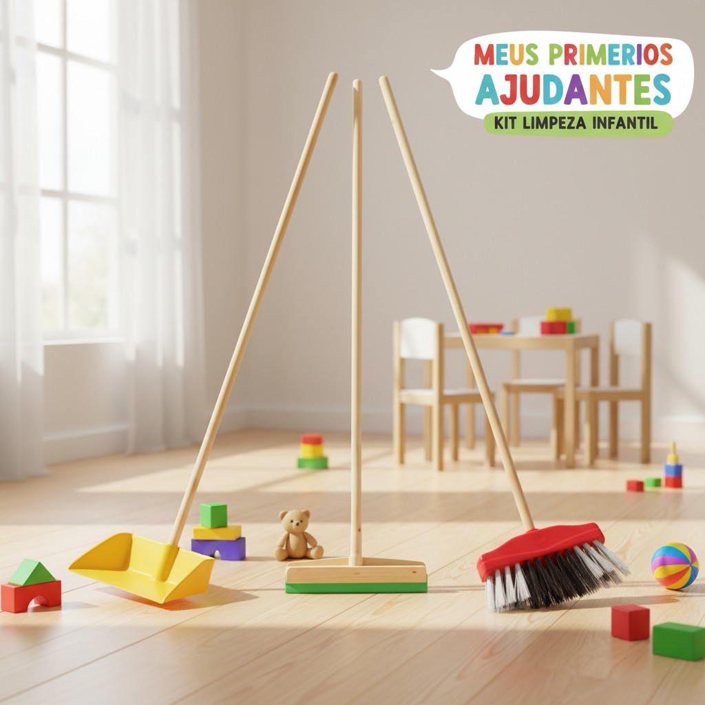 Kit Limpeza Infantil 3 Peças – Vassoura, Rodo e Pá Brinquedo Educativo para Crianças Modelo Louise