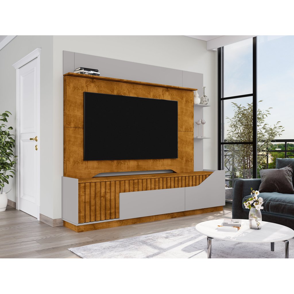 Estante para TV e Home Theater Ripado para TV até 75 Polegadas MDF 210CMX186CM 1 Gaveta 2 Portas Marrom Naturalle/Off