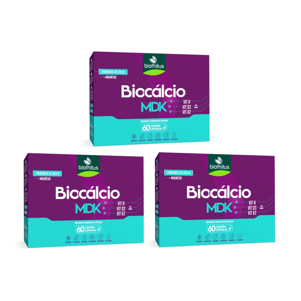 Kit 3 Biocálcio MDK Cálcio + Magnésio 60 Cps - Biofhitus
