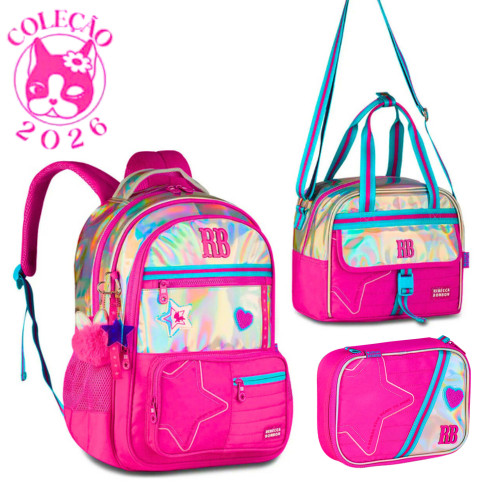 Kit Mochila de Costas ,Lancheira e  Estojo Rebecca Bonbon Holo Shine Cor:Rosa em Oferta na Shopee