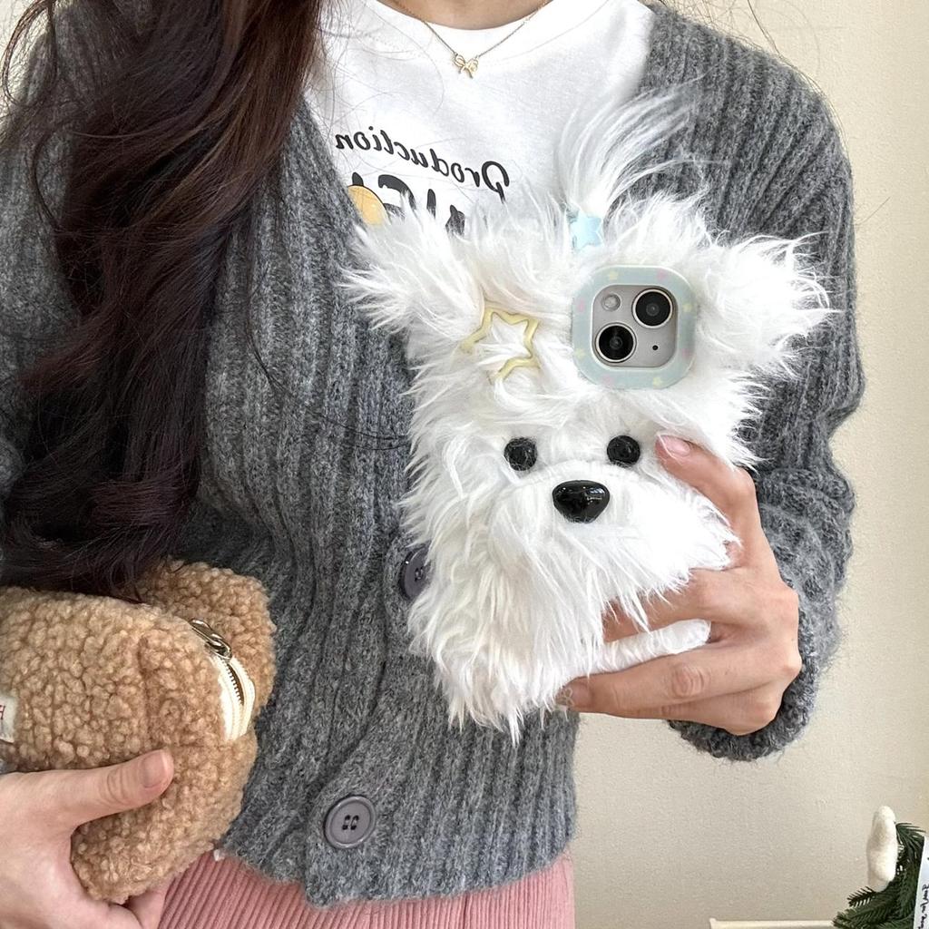 Capa De Pelúcia 3D Hairclip Dog Cartoon Para IPHONE 17 16 15 14 13 12 PROMAX PLUS Protetora