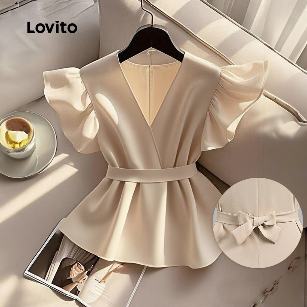 Lovito Blusa Casual Feminina com Pregas Cintura e para Sol/verão Cor Cáqui L149ED1236 em Oferta na Shopee