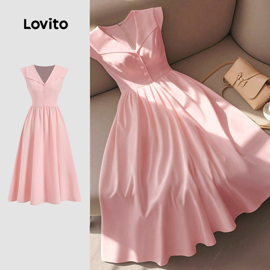 Lovito Vestido Elegante com Botões  Drapeado  Primavera/verão  Vestido Rosa para mulheres LBL27316 em Oferta na Shopee