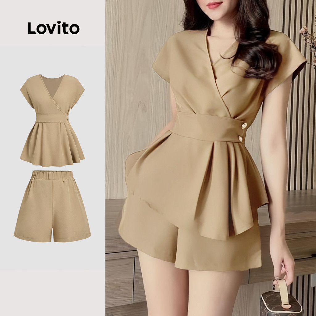 Lovito Conjuntos Elegantes Shorts Verão/primavera Botões Para Todas As Estações Top Marrom Shorts Mulheres LBL26269 em Oferta na Shopee
