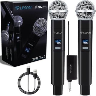 Kit 2 Microfone Sem Fio Digital Leson LS302 2.4GHz Recarregável Igreja Evento Karaokê 30m