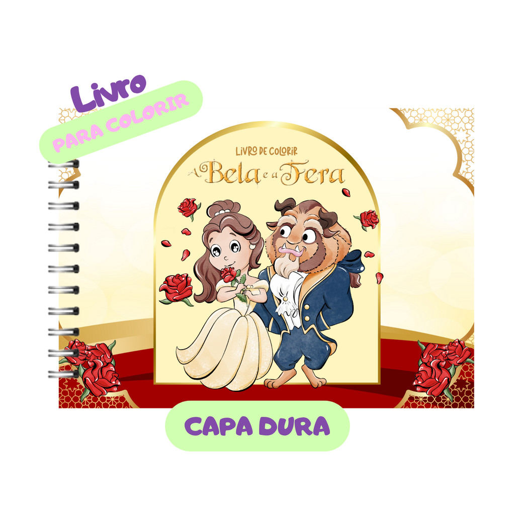 Livro de colorir A Bela e a Fera Capa Dura Holográfica 50 folhas Papel Grosso