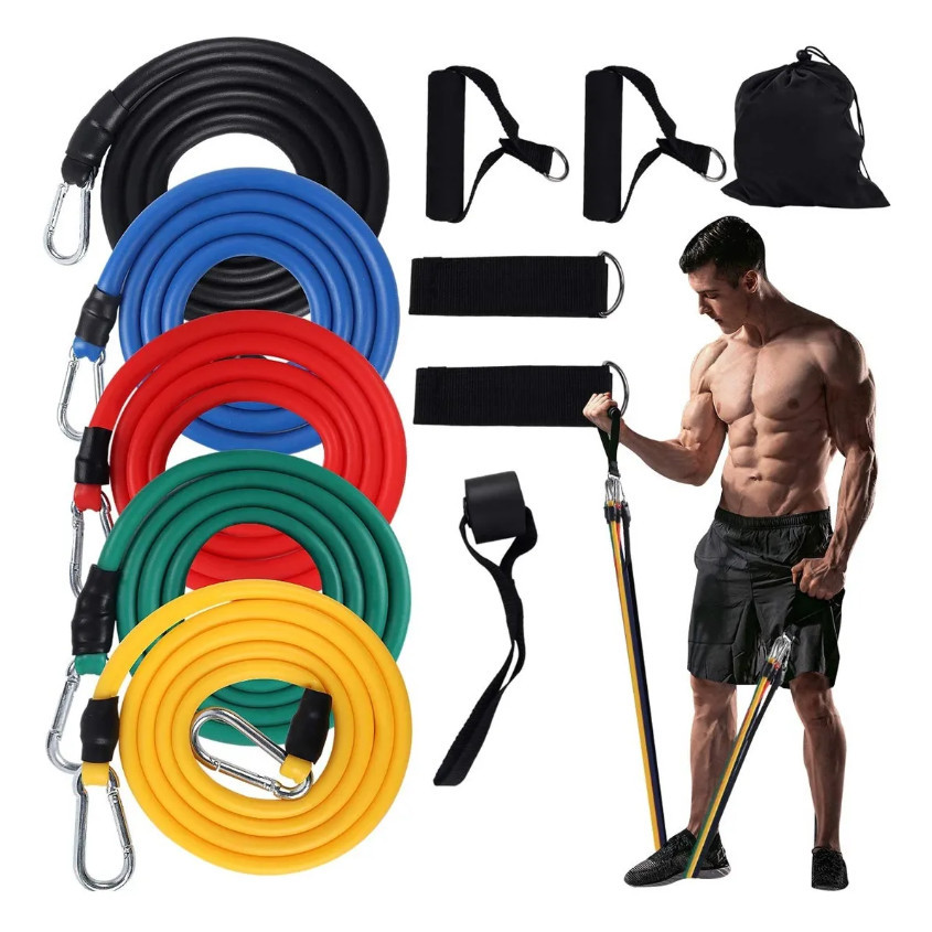 Kit Elástico Extensor 11 Peças Treino Funcional Pilates Musculação Exercícios Academia Casa Fitness Premium