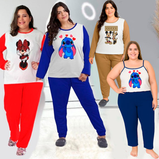 Pijama Feminino PLUS SIZE Barato Blusa Longa e Calça Luxo Inverno Personagens em Oferta na Shopee