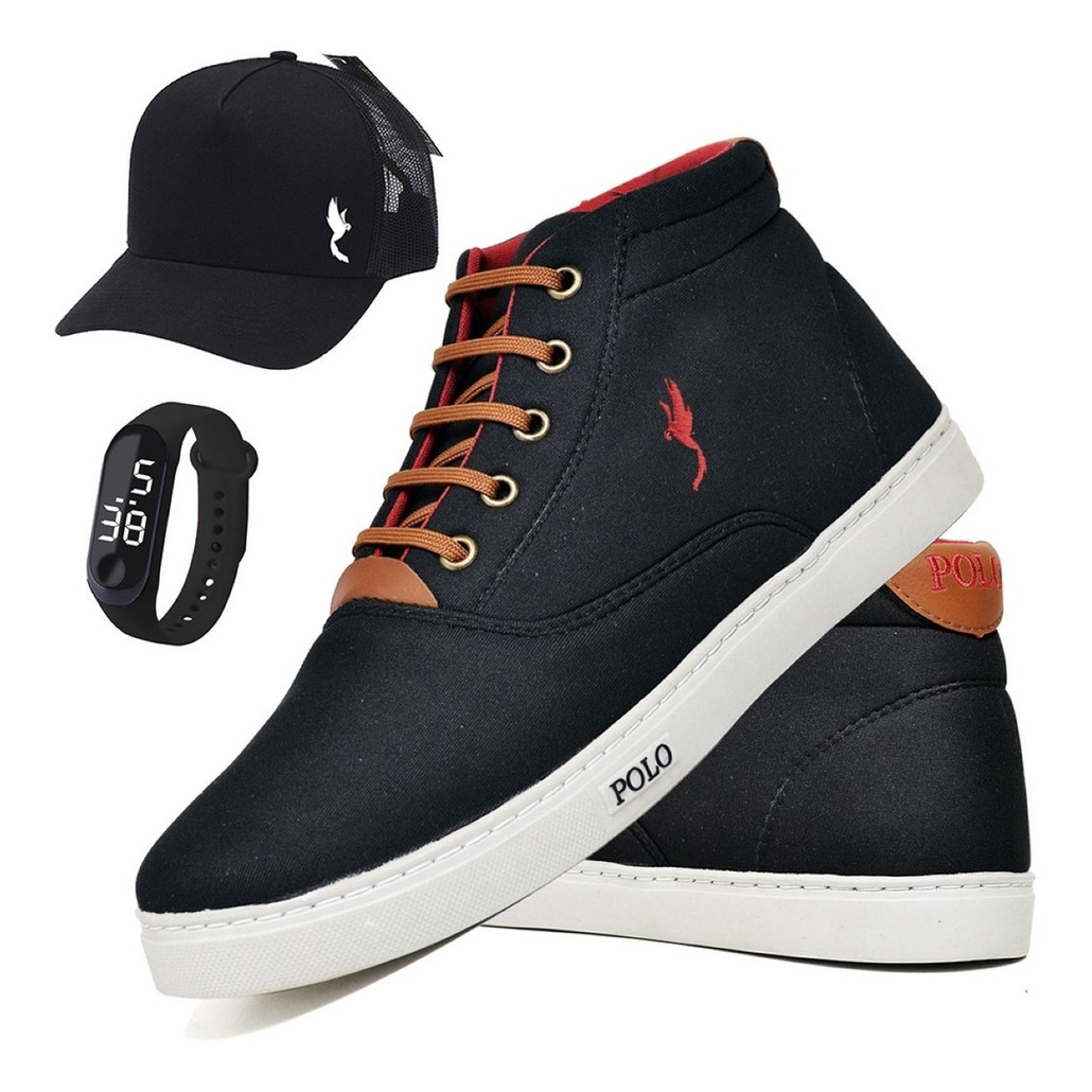 Kit Sapatênis Masculino Polo Casual Botinha em Lona com Boné + Relógio Digital do 37 ao 46