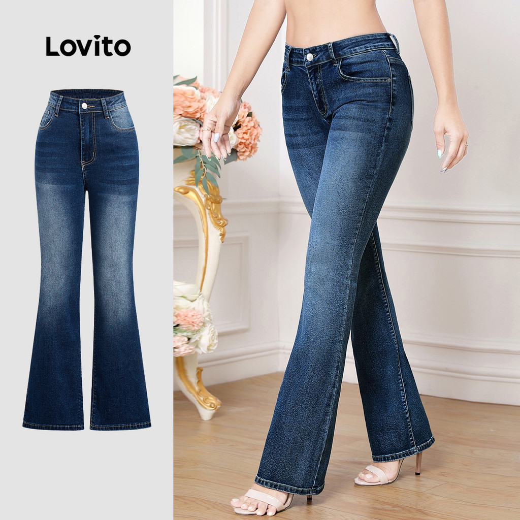 Lovito Calças Jeans Casuais com Botões Bolso Jeans Azul Primavera/verão para mulheres L158ED447 em Oferta na Shopee