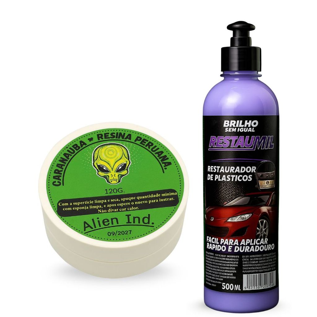 Kit Cera Alien Ind Automotiva Carnauba Espelhamento Cerâmico Polimento + Restaurador de Plásticos em Oferta na Shopee