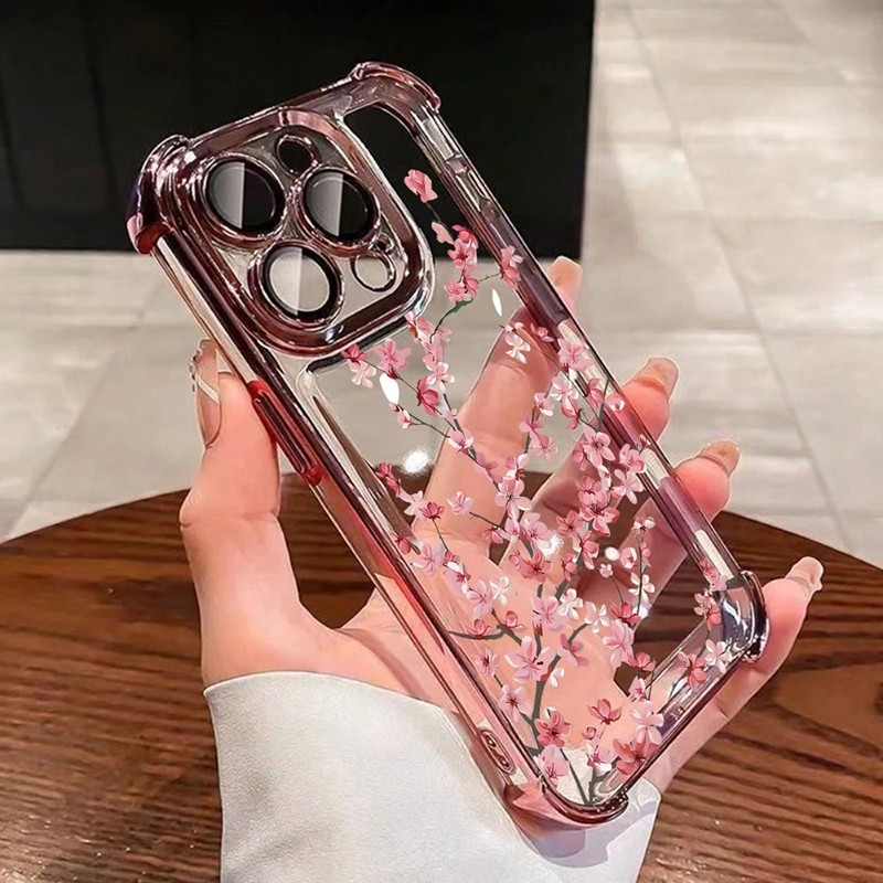 Flor De Ameixa Galvanizada Caso De Telefone Claro Para iPhone 17 Ar 16 15 14 13 12 11 Pro Max Plus Anti-Queda Capa Macia