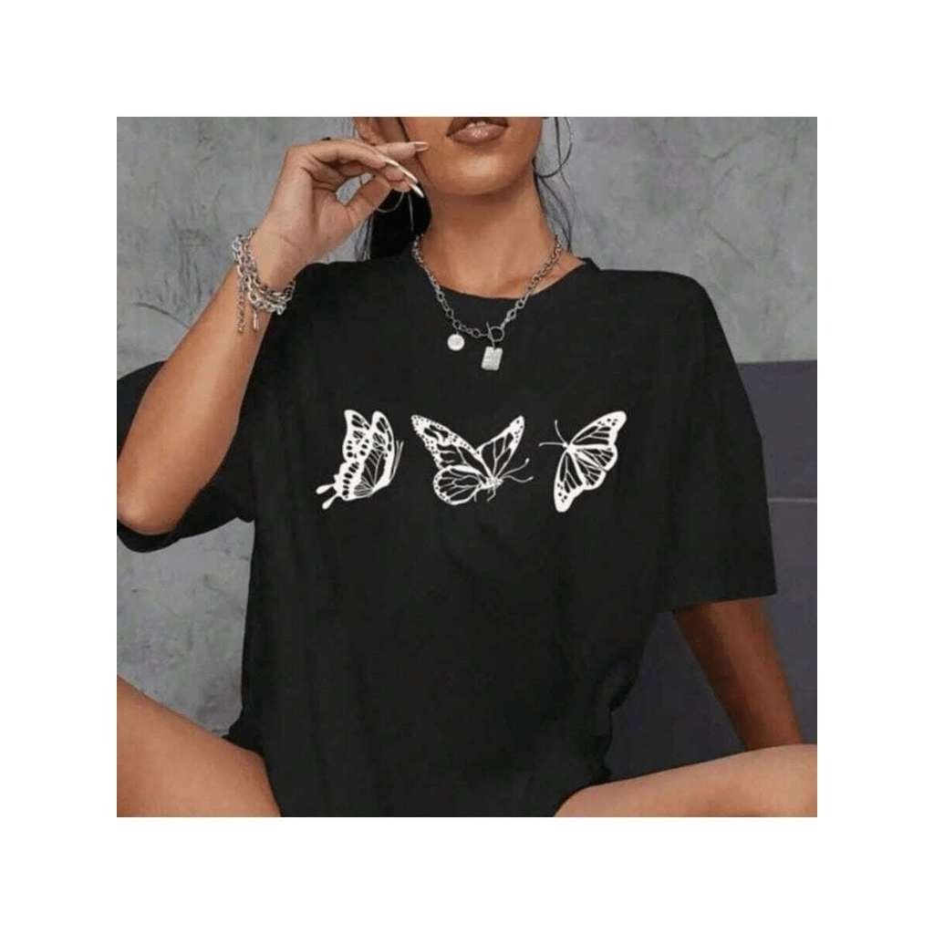 Camiseta oversized Feminina Borboleta Blusa 100% Algodão Básica Lançamento