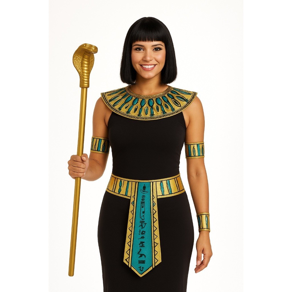 1 Kit Egípcio + Bastão Naja Fantasia Faraó Cajado Cobra Serpente Braceletes Cinto Colar para Festa Cosplay 5pçs