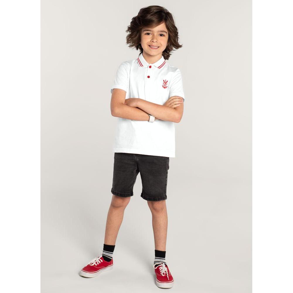 Camiseta Polo Unissex Flamengo Infantil Brandili Branco