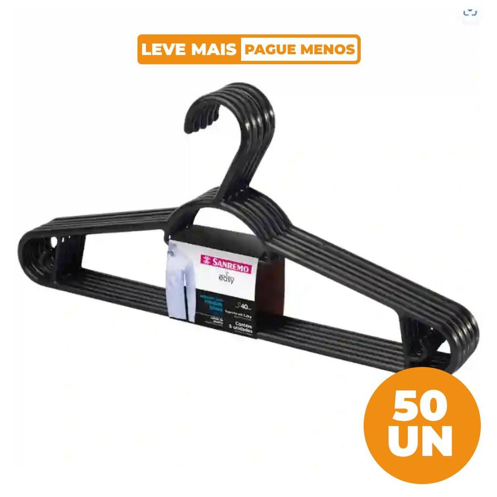 Kit 50 Cabides Plásticos Adulto 40cm Preto Easy Sanremo 50 Unidades