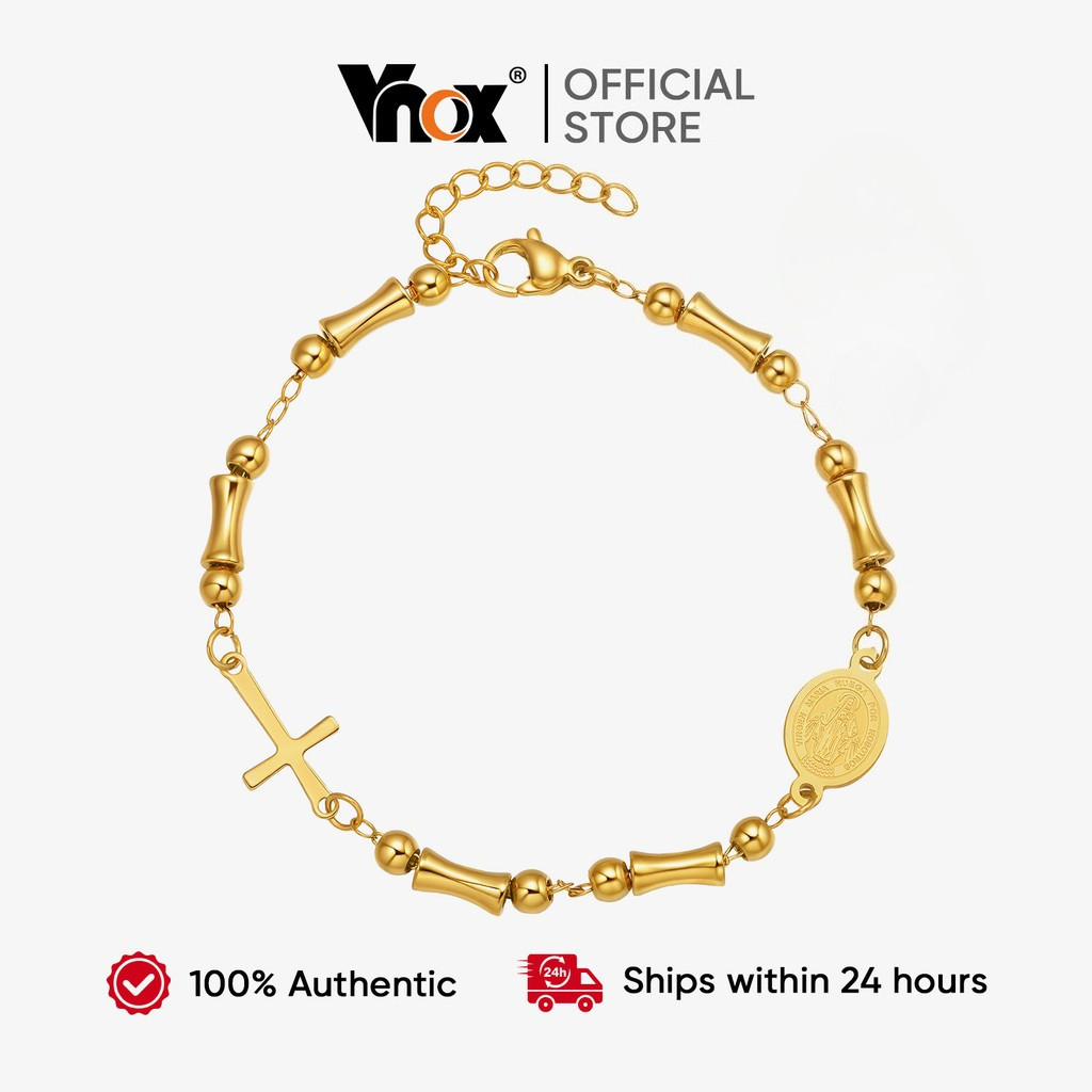 Vnox Bambu Conjunta Frisado Virgem Maria Jesus Cruz Pulseira Para Mulheres , Aço Inoxidável Ajustável Delicado Oração Fé em Oferta na Shopee
