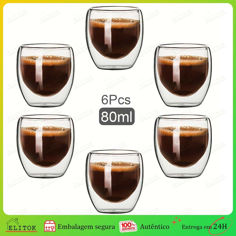 Jogo 6 Copos de Vidro 80ml Parede Dupla Café Expresso Chá Vidro Grosso Resistente Elegante Transparente em Oferta na Shopee