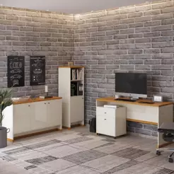 Conjunto Escritório Office 4 Peças Mesa Gaveteiro Armário Bu - Off White E Naturale Off White E Naturale