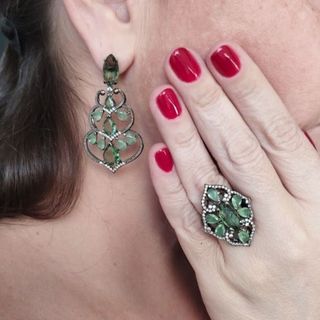 Anel e Brincos Cristal Verde Prasiolita Cravejados Em Banho 2982 2983