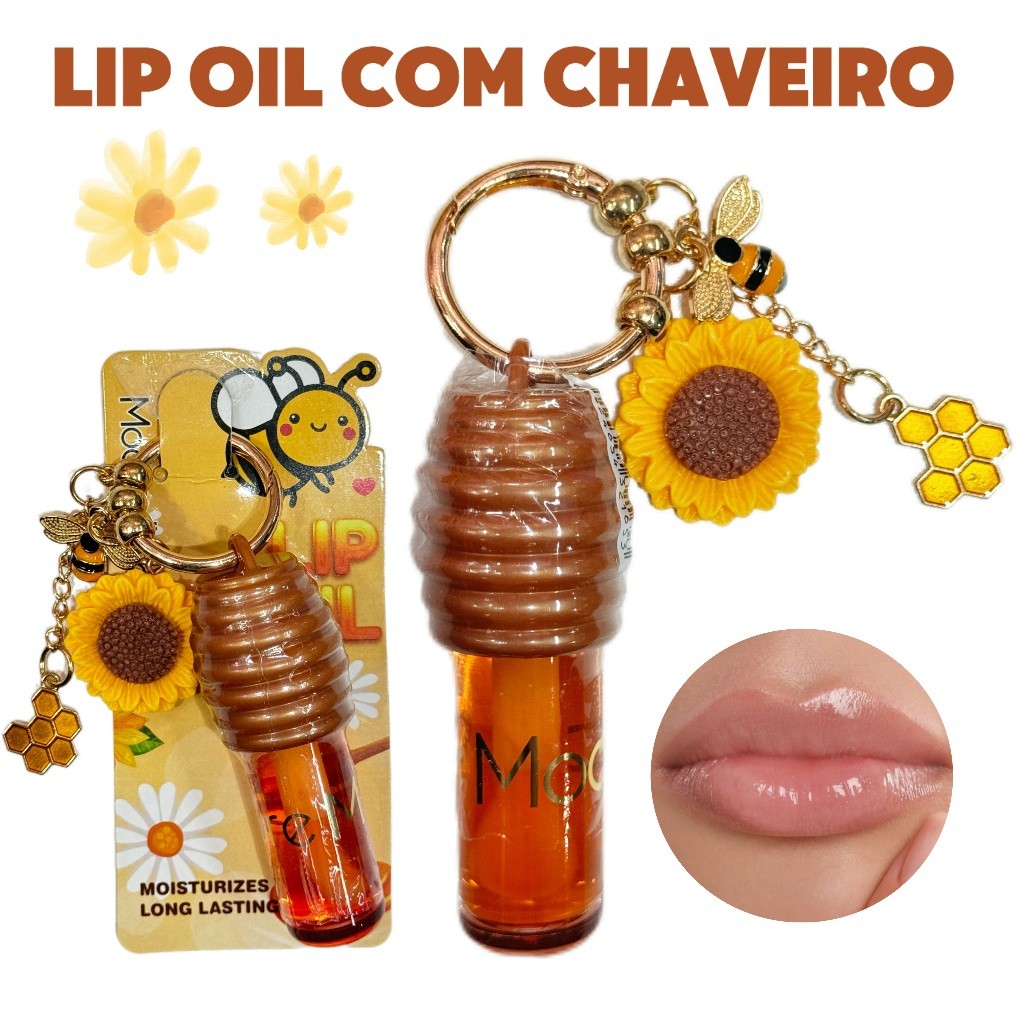 Óleo labial de mel com essência hidratante transparente, com chaveiro, novo design. em Oferta na Shopee