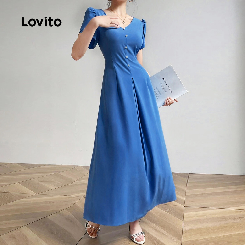 Detalhes do Lovito Refine Vestido Sofisticado com Botões e Pregas Confortável Azul para Primavera/Verão L137ED480
