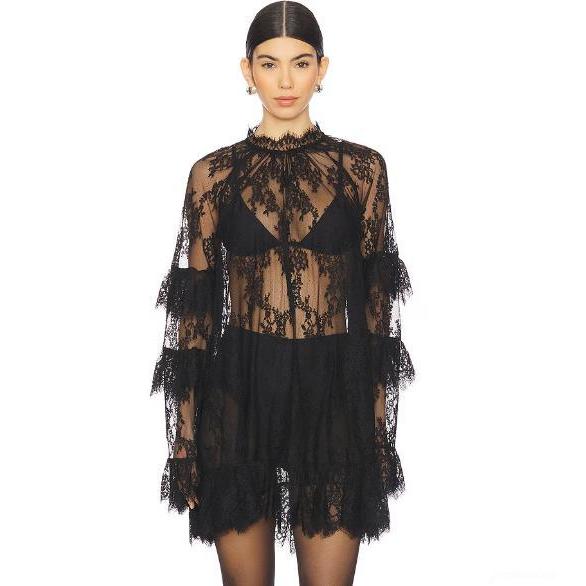 Vestido Feminino De Renda Manga Comprida Gola Redonda Transparente Minivestidos De Outono