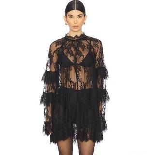 Vestido Feminino De Renda Manga Comprida Gola Redonda Transparente Minivestidos De Outono