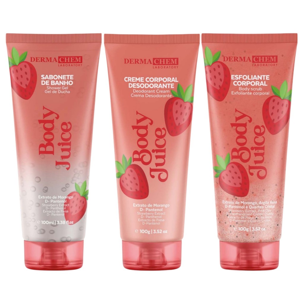 Dermachem Kit 3un Corporal - Sabonete + Esfoliante + Creme - Morango 100g cada