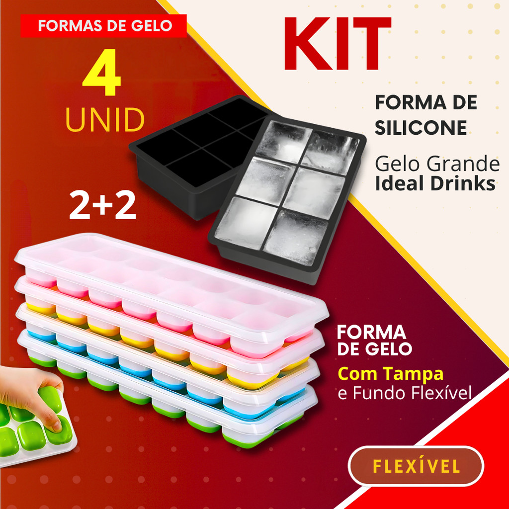 Kit 4- Formas de Gelo Fundo Flexivel + Forma Cubo Grande Drinks Bebidas Bares Bar Restaurante