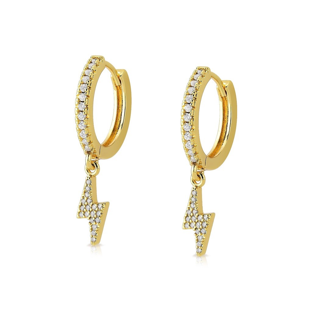 Brinco Feminino Argola com Raio Cravejado Zircônia Banhado a Ouro 18k Moda Blogueira Semi Joia