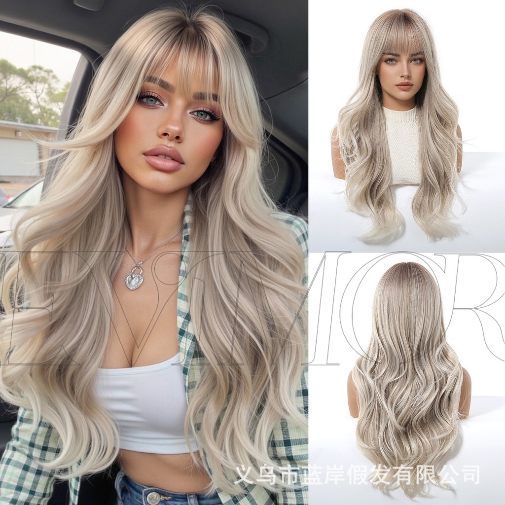 Destaque peruca Qi franja peruca feminina arnês completo cabelo encaracolado onda grande fibra química chapelaria peruca