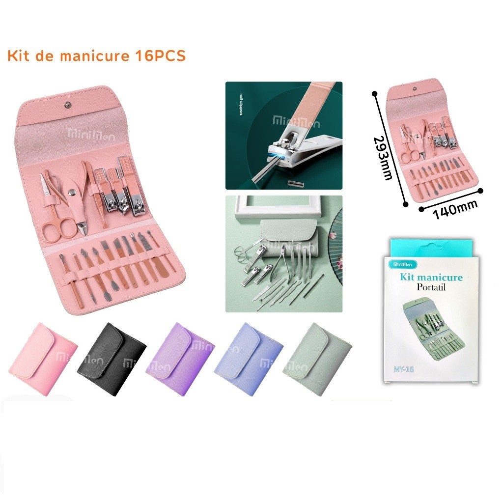 Kit Manicure e Pedicure Profissional 16 Peças Aço Inox | Estojo Completo Viagem MY-16