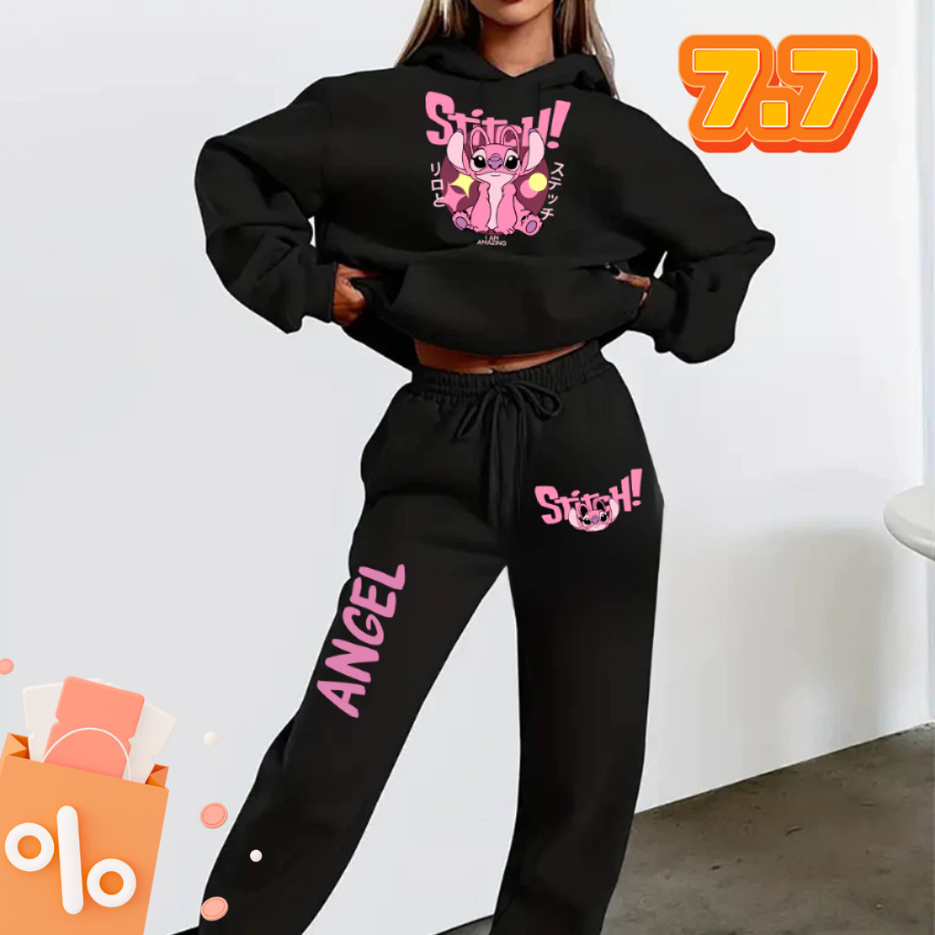 Conjunto Moletom Inverno Feminino Inverno Blusa Canguru E Calça Moletom Lilo Stitch Angel Rosa Blue Fofo Cartoon