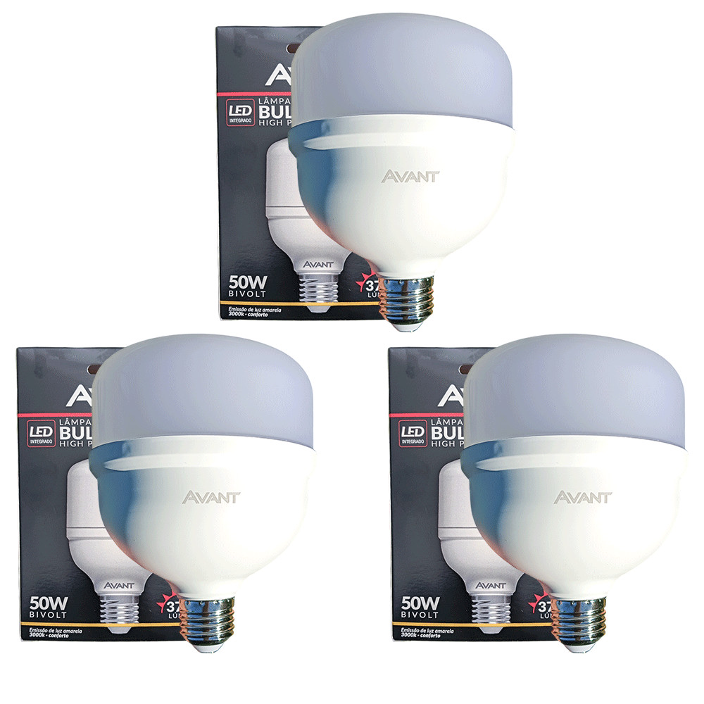 Kit 3 Lâmpadas LED Avant Bulbo High Power 50W Bivolt 3000K E27 Amarela