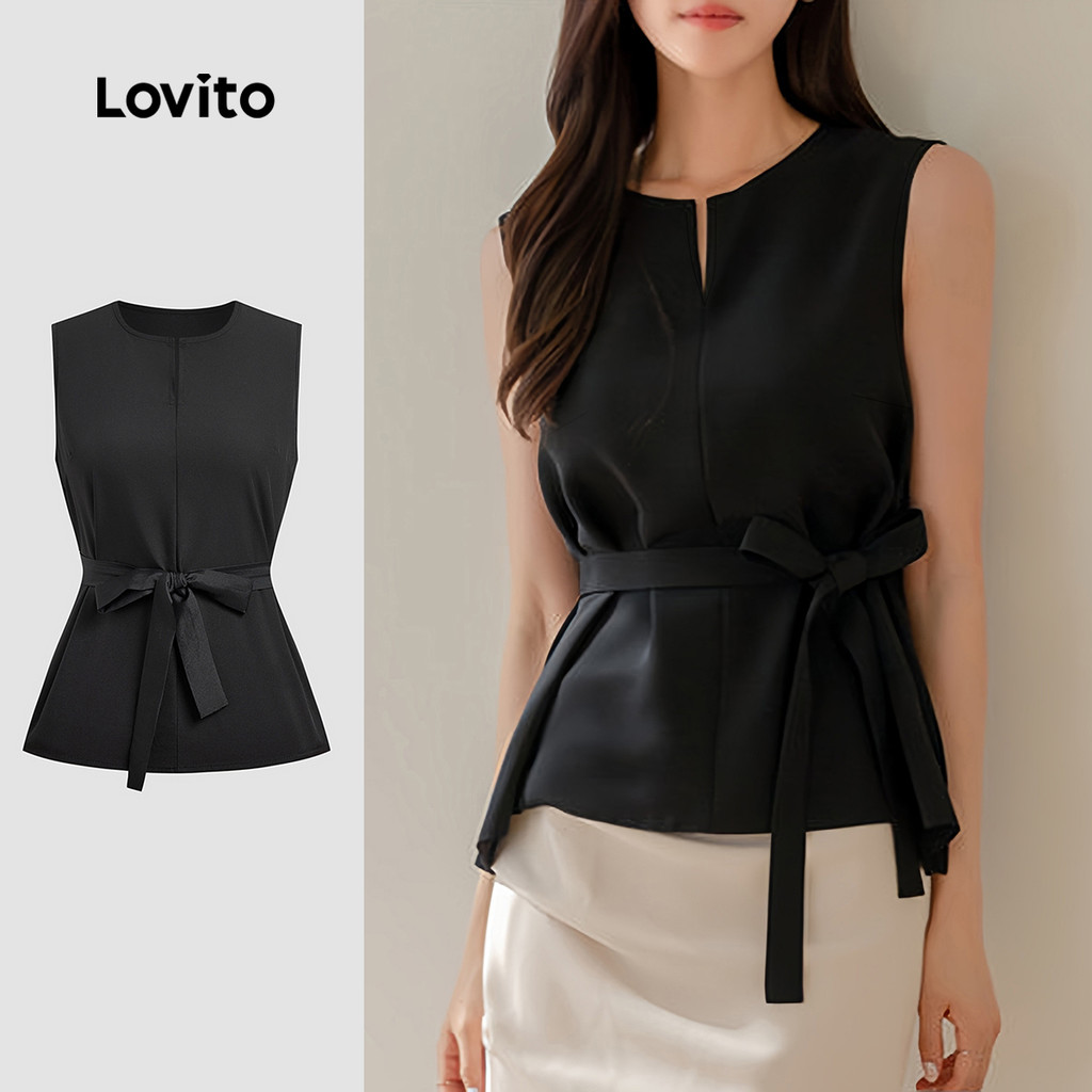 Lovito Blusa Elegante com Amarração Na Frente para Primavera/verão Blusa Preta para Mulheres LBL29373 em Oferta na Shopee