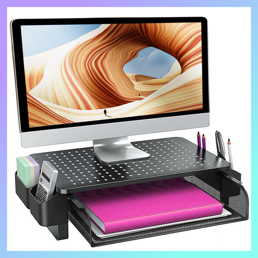 Suporte de elevação de monitor de computador de 2 camadas, com gavetas e 2 suportes, suporte de monitor de mesa