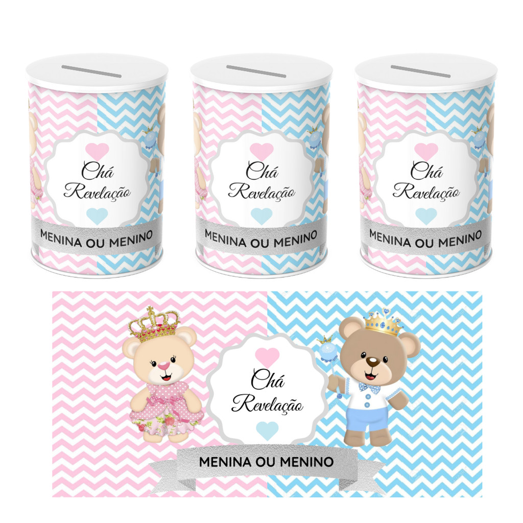 Adesivo para Cofrinho Personalizado para Festa Infantil de Criança Mimo Lembrancinha Chá Revelação Rosa e Azul